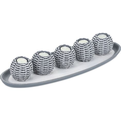 Relaxdays Portacandele Decorativo con Vassoio, 5 Porta-Tea Light e Sabbia, per il Tavolino e il Salotto, Grigio Bianco