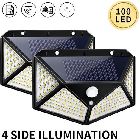 [Lot de 2] Lampe solaire, 100LED Lampes solaires pour extérieur, 270 ° lampe solaire très lumineuse avec détecteur de mouvement lampe murale de sécurité 3 modes, applique murale étanche pour jardin