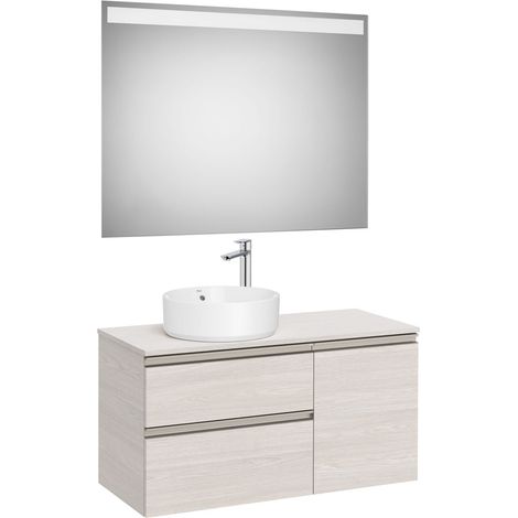 Pack meuble "The gap" 1000 pour vasque à gauche - 2 tiroirs + 1 porte + plan + miroir LED - frêne nordic - Roca (1/2)