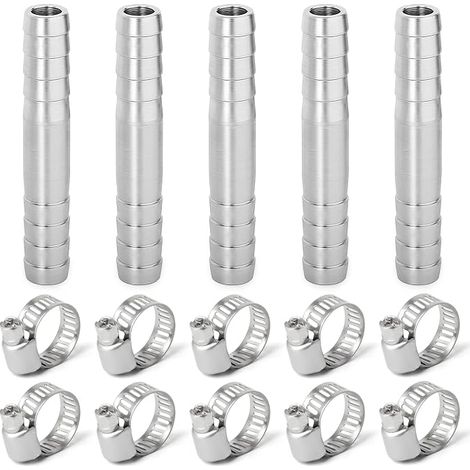 5pcs 10mm Stainless Steel Straight Hose Fitting, 2 Way I Shaped SUS 304 Pipe Fitting with 4 Clamps (1/5)