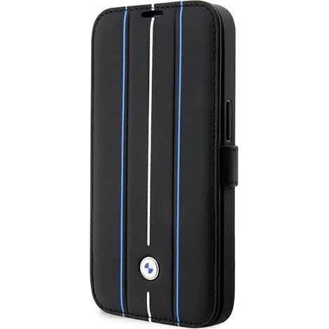 Funda para iPhone 14 Pro de cuero BMW Booktype con diseño de líneas azules (negra) (1/5)