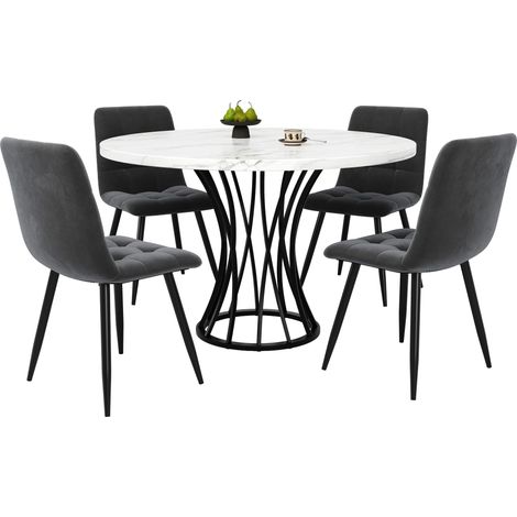 Set Tavolo Rotondo da Pranzo con 4 Sedie in Velluto, 5 Pezzi in MDF Nero, Design Moderno per Soggiorno, Ufficio e Camera da Letto (1/5)