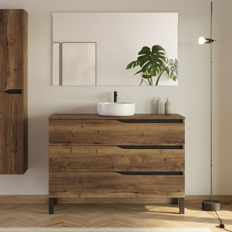 Meuble de salle de bain 120 avec plateau et vasque à poser - 3 tiroirs - tabaco (bois foncé) - MATA (1/5)
