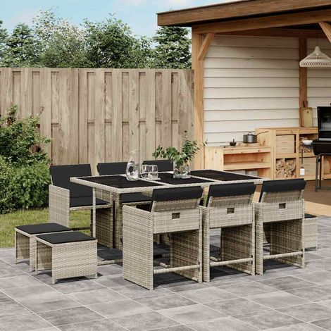 Salon de jardin 11 pièces avec table, chaises et tabourets en poly rotin gris - PANGIVO (1/5)