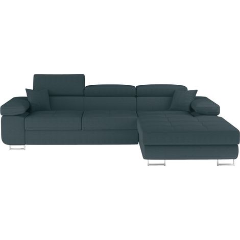 Canapé d'angle convertible tissu appuis-tête réglables KALIZO - Coffre et pieds acier chromé angle droit-Vert sapin-angle droit (1/5)