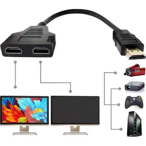 Adaptateur Répartiteur HDMI, 1080p Mâle vers Double HDMI Femelle 1 vers 2 Voies Répartiteur de Câble pour HDTV HD LED Écran LCD et Projecteurs Deux Téléviseurs Commutateur 2 Ecrans