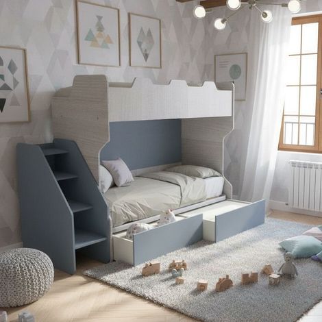 Letto a castello salvaspazio con terzo letto estraibile e scala laterale - Ideale per camerette - Rovere Rock e Avio