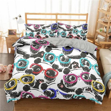 Bettwäsche Set Panda mit Brille 155x220cm + Kissenbezug 80x80cm Mikrofaser