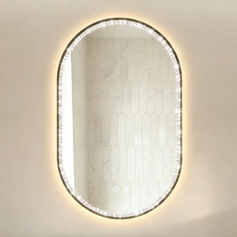 Miroir ovale salle de bain 50x80 cadre noir LED anti-buée 3 températures couleur luminosité réglable décor strass fixation murale (1/5)