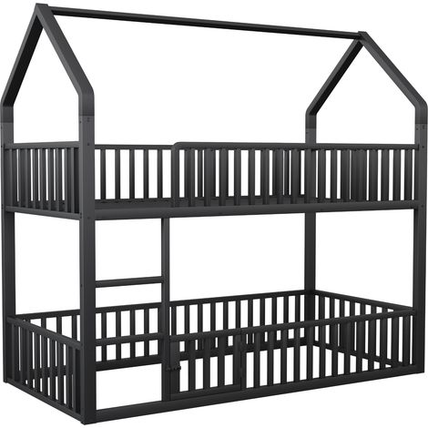 Cama alta infantil de metal 90 x 200 cm negra, estructura casa con escalera y puerta (1/5)