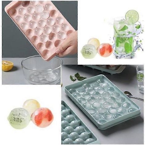 Moule à glaçons rond en plastique (lot de deux) avec couvercle, pour réfrigérateur ou glaçons (bleu et rose). (1/5)