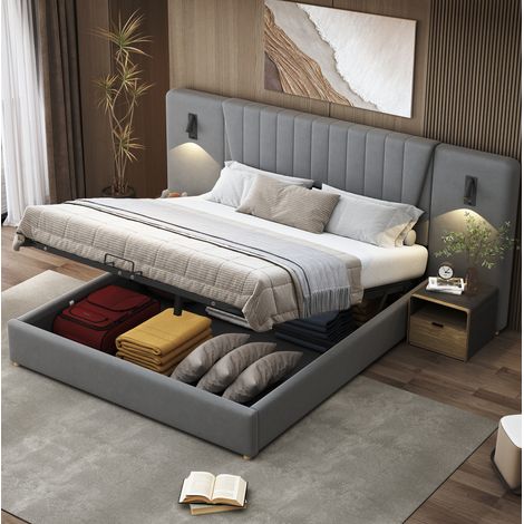 Letto 180x200 cm grigio rivestito in velluto - contenitore idraulico con USB (1/5)
