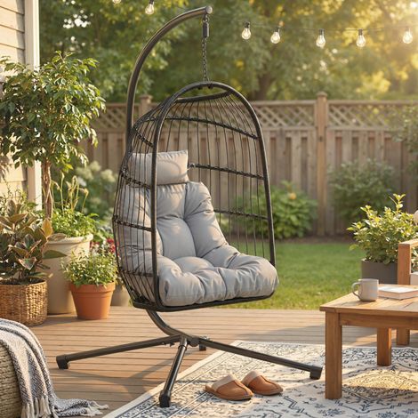 Fauteuil Œuf Suspendu Pliable avec Support Coussin 15cm et Appui-tête Gain de Place Résine Tressée 101x105x196cm Gris (1/5)