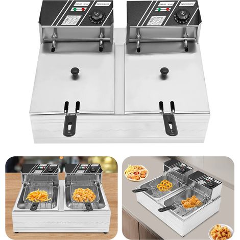 Friggitrice a doppia friggitrice elettrica in acciaio inox, 12 l, friggitrice elettrica con 2 cestini e coperchi per patatine fritte, pollo, ristorante, casa, cucina