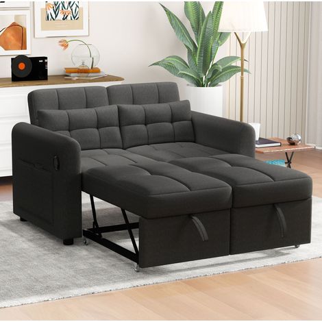 Divano letto con schienale regolabile, porta USB e tasche laterali, in lino di cotone, grigio (1/5)