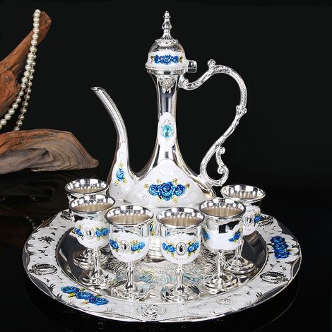 Service à vin (argent, blanc et bleu), verres à vin blanc, style rétro européen