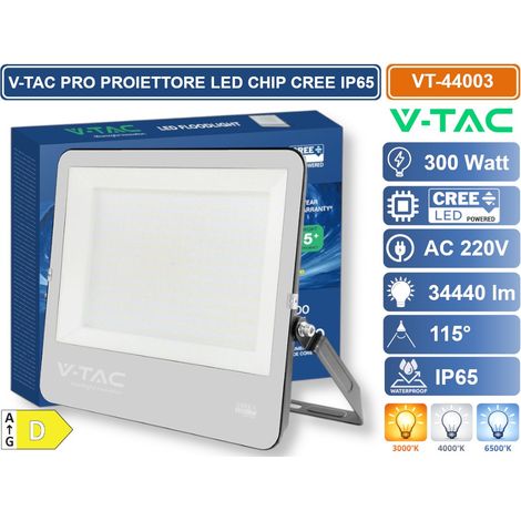 V-TAC PRO FARO LED SMD CHIP CREE 300W 135LM/W NERO CON VETRO GRIGIO IP65 BIANCO NATURALE 4000K