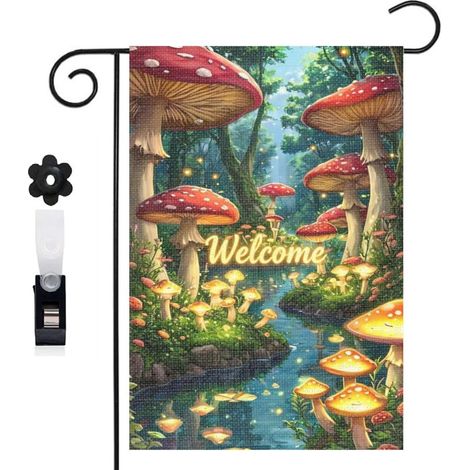 Drapeau de jardin bienvenue 30 x 45 cm motif forêt de champignons féeriques toile double face décoration extérieure (1/5)