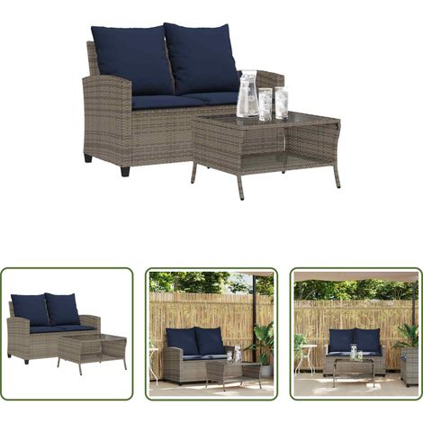 Gartenmöbel -  Gartensofa 2-Sitzer mit Kissen & Tisch Grau Poly Rattan (1/5)