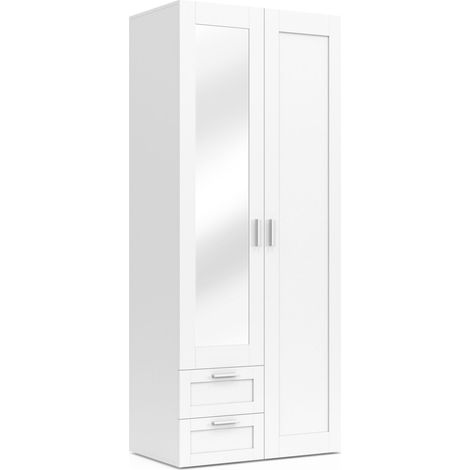 Idmarket – Armoire 2 portes VITO blanc – Dimensions 80x50x190 cm – 2 tiroirs et miroir – Étagères réglables pour rangement optimal