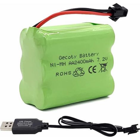 7.2V Ni-MH Batterie, Battery AA Rechargeable 2400mAh, avec connecteur SM 2P et câble de Chargement USB, pour RC Camion RC Réservoir RC Navire RC (1/5)