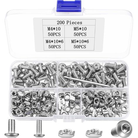Lot de 200 vis M4 M5 à tête bombée à six pans creux - Vis filetées avec pierres à rainurer - Assortiment de vis de machine en acier inoxydable avec écrous marteaux en T (1/5)