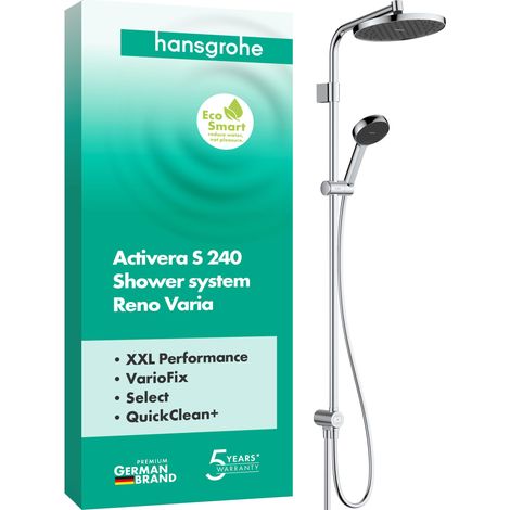 Colonne de douche max. 8 l/min sans mitigeur, douche pluie (240 mm), douchette (2 jets), support, tuyau, barre et douche de tête, Chromé, 28074000 (1/5)