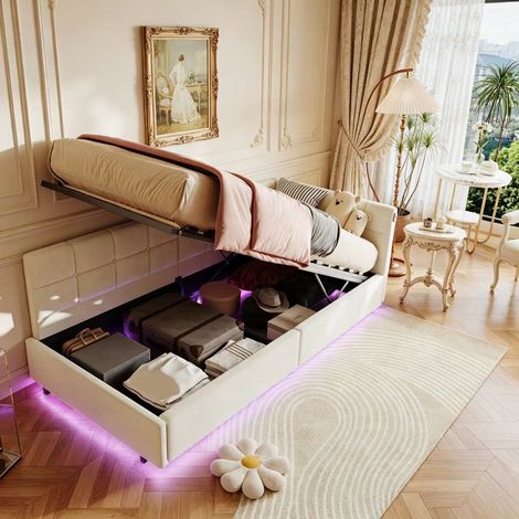 Lit coffre 90x200 cm, lit simple avec lumière LED, canapé-lit avec ports USB et Type-C, tête de lit rembourrée, lit avec espace de rangement, cadre à lattes, lit pour ados, Velours, Beige (1/5)