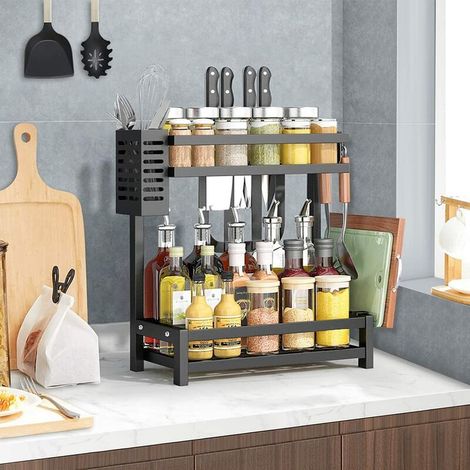 Etagere A Epices - Acier Inoxydable 201 - 2 Etages - 34 x 21 x 41.7 Cm - Charge Max 20 Kg - Noir - Sans Perçage (1/4)