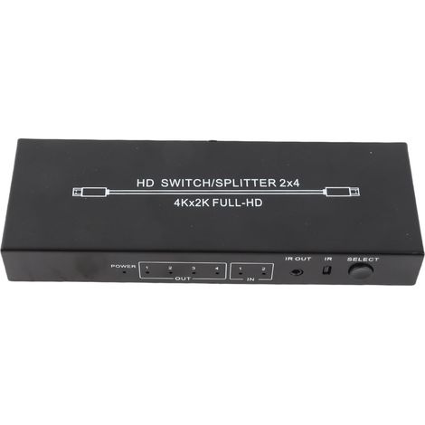 Répartiteur d'interface multimédia HD 2 entrées 4 sorties, commutateur 4K HD avec télécommande pour moniteurs, téléviseurs et projecteurs, prise UE 100-240 V