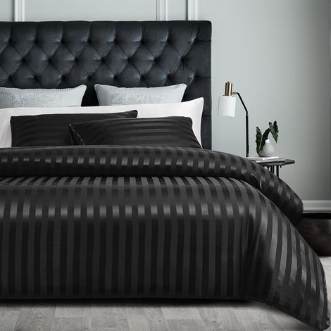 3 Pièces Housse de Couette 220x240 cm, Satin Microfibre Noir Rayé, Taies d'oreiller 65x65 cm, Fermeture Éclair, Lit 2 Personnes