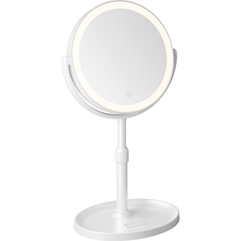 Specchio da trucco rotondo a LED, bianco, in plastica ABS, regolabile in altezza, bifacciale con ingrandimento 7x, dotato di luce ad anello, ricaricabile, specchio da tavolo (1/5)