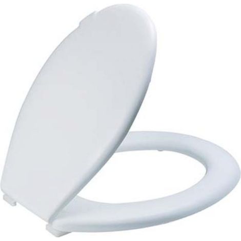 Bequemer und widerstandsfähiger Everest-Toilettensitz aus weißem Thermoplast von Saniplast, Maße 37,3 x 46,7 cm