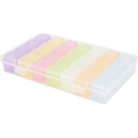 Boîte de rangement portable à grille pour petits objets, boîte en plastique démontable 7 rangées 4 compartiments, 28 cases pour bijoux, médicaments, pilules, capsules, coloris assortis (E-333-1) (1/5)