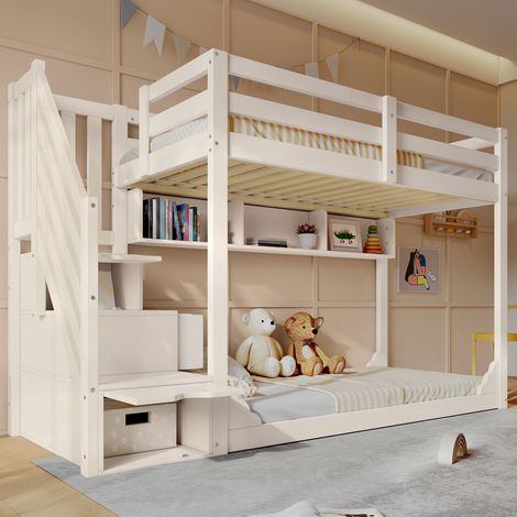 REDOM Litera 90x200 cm con escalera armario de almacenaje, madera Blanco (Sin colchón) (1/5)