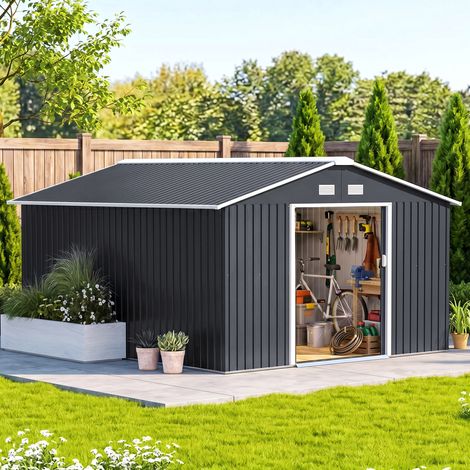 Cabane de jardin de 12,4 m² en acier galvanisé avec kit de fondation, prises d'air, hangar de jardin avec toit incliné, double porte coulissante verrouillable, hangar à outils, gris (1/5)