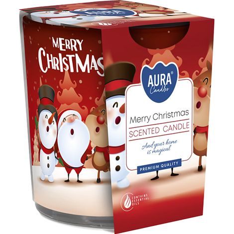 Candela decorativa natalizia "Buon Natale" con profumo di zenzero e cannella.