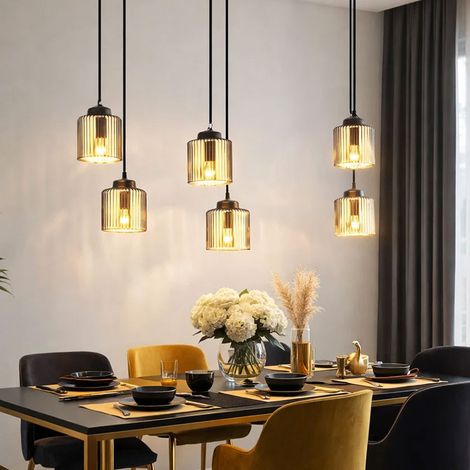 LED Pendelleuchte 6 flammig Hängelampe Glas verchromt Esstischleuchte schwarz, 6x 9W 6x 810lm warmweiß, L x H 83 x 120 cm