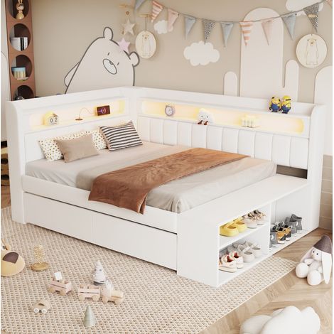 Cama nido tapizada 90x200 cm blanca con cabecero, USB, LED, 2 cajones y armario zapatero