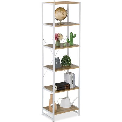 Relaxdays Standregal, HxBxT: 180 x 50 x 35 cm, 6 offene Ablagen, Beistellregal für Wohnzimmer, Küche, Flur, weiß/natur