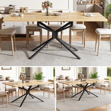 Table de salle à manger extensible 120/160 × 90 cm, table de cuisine rectangulaire avec piètement en métal noir en forme d'étoile, pieds réglables et plateau en MDF, table pour 4 à 6 personnes, chêne (1/5)