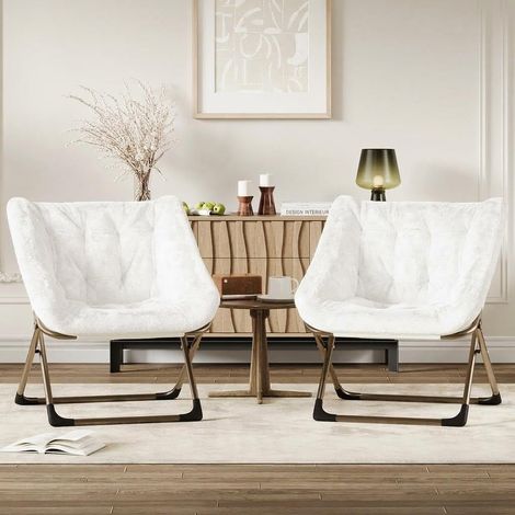 Lot de 2 fauteuils lounge pliables blancs structure métallique coussins confortables intérieur extérieur (1/5)