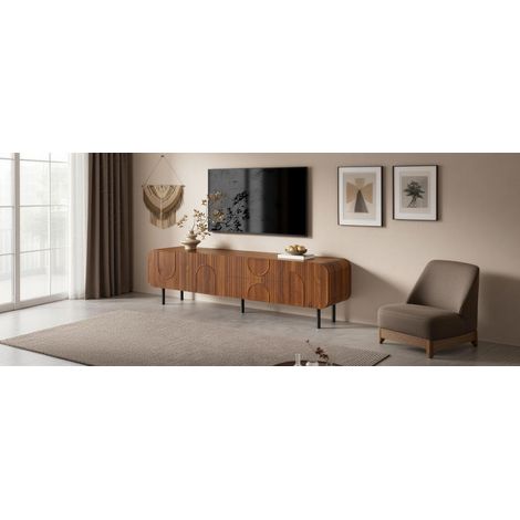 Meuble TV 3 portes, 2 tiroirs, rainures verticales, reliefs en arc, coins arrondis, pieds métalliques, style mid-century, passe-câbles, meuble de salon pour téléviseur. (1/5)