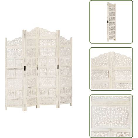 The Living Store Divisorio 4 Pannelli Intagliato Bianco 160x165cm Mango Massello - Divisore per stanza