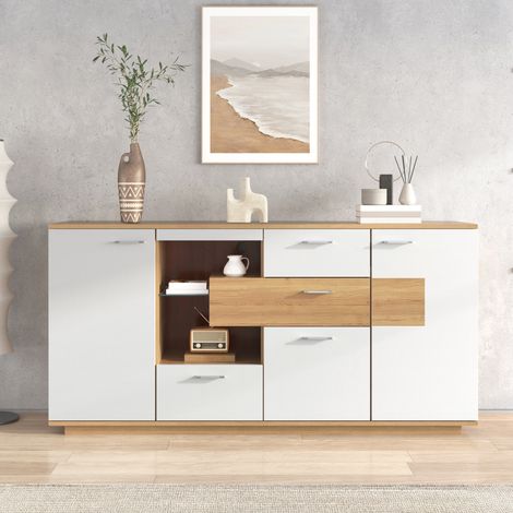 Buffet moderne 2 portes 4 tiroirs LED, rangement polyvalent avec étagères réglables, blanc et bois 160 x 40 x 77 cm pour salon (1/5)