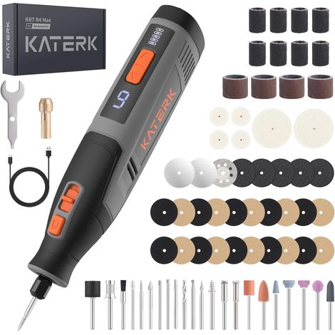 Outils Rotatifs Multifonction, 6 Vitesses 8000-28000 tr/min, Mini Perceuse Sans Fil avec 4000 mAh Batterie, 70 Pièces Accessoires pour Sculpture, Polissage, Ponçage, Perçage et Bricolage - Gris (1/5)