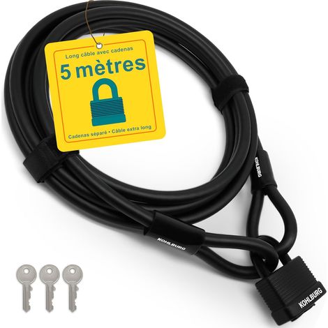 Cable antivol de 5 mètres - cadenas velo à 3 clés - 500 cm de long (1/5)