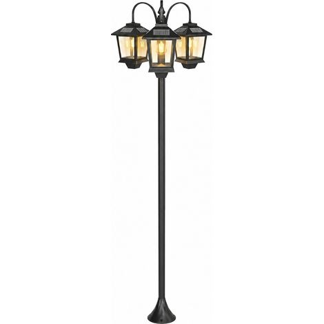 Lampadaire solaire de jardin à 3 lanternes, H 188 cm – 12 panneaux solaires, allumage automatique, jusqu’à 12 h d’éclairage, aluminium IP44, noir (1/5)