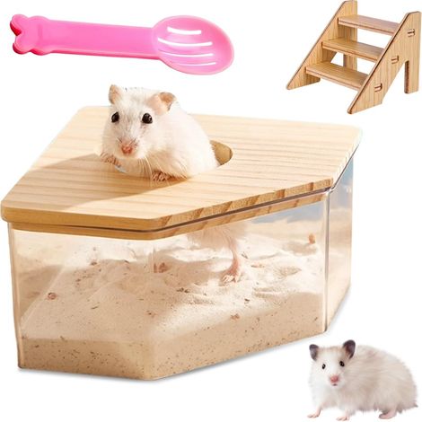 Boîte de salle de bain en acrylique transparent pour hamsters, hamsters, gerbilles, avec échelle, couvercle en bois naturel et pelle, bac à sable pour hamsters, gerbilles (triangle) (1/5)