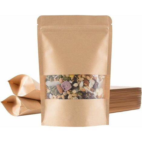 Nazalus-Hot Sale-100 Stück Kraftpapiertüten mit Fenster (14 x 20 cm), Lebensmittel-Kraftpapierbeutel, FDA-zertifiziert, Materialsicherheit, zum Verpacken von Samen und Snacks